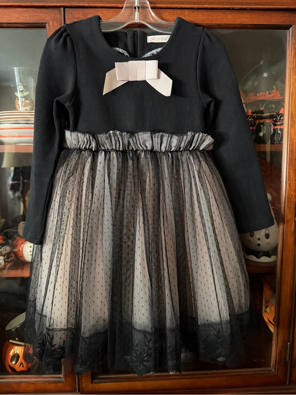 Girls Black Dress with Light Pink Bow and Layered Tulle Skirt
